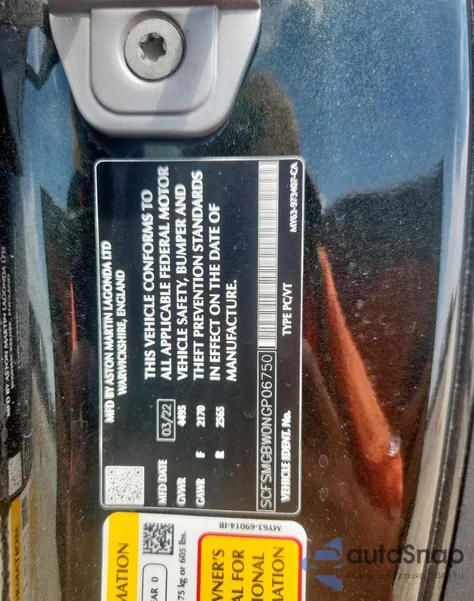 2022 Aston Martin Vantage from USA, damaged, VIN SCFSMGBW0NGP06750